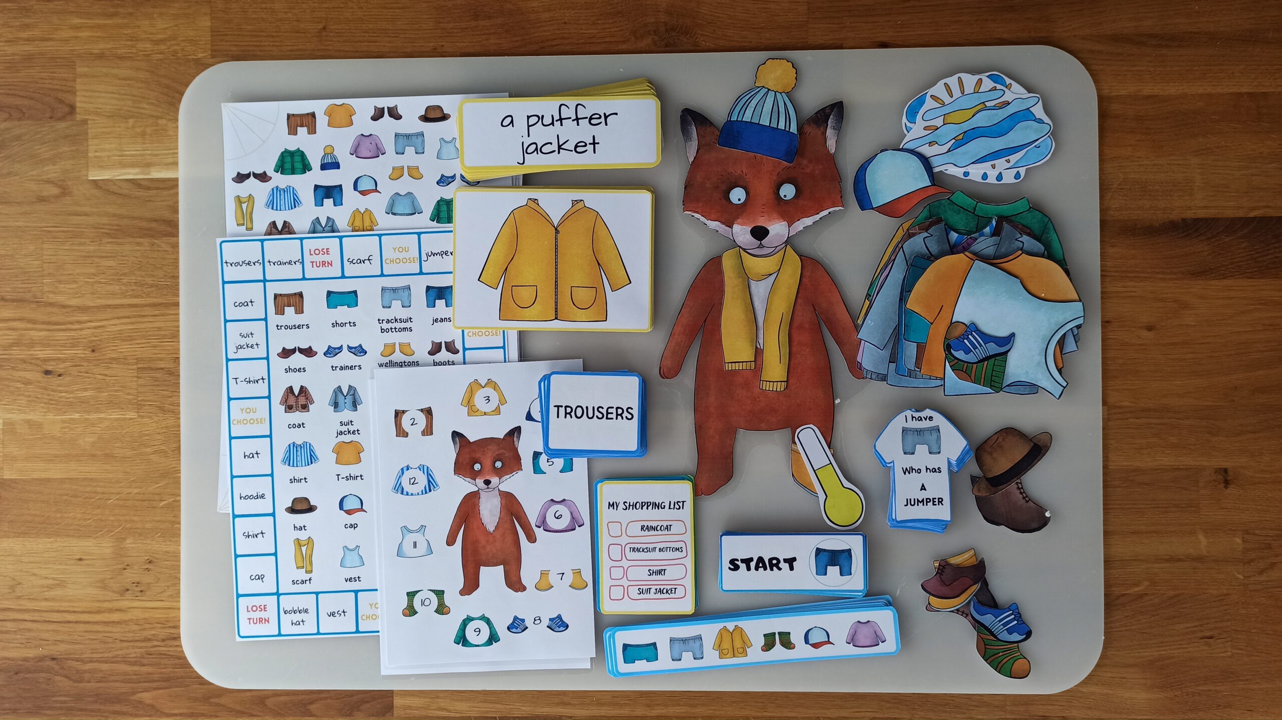 Interaktywna gra edukacyjna z lisem do nauki nazw ubrań.