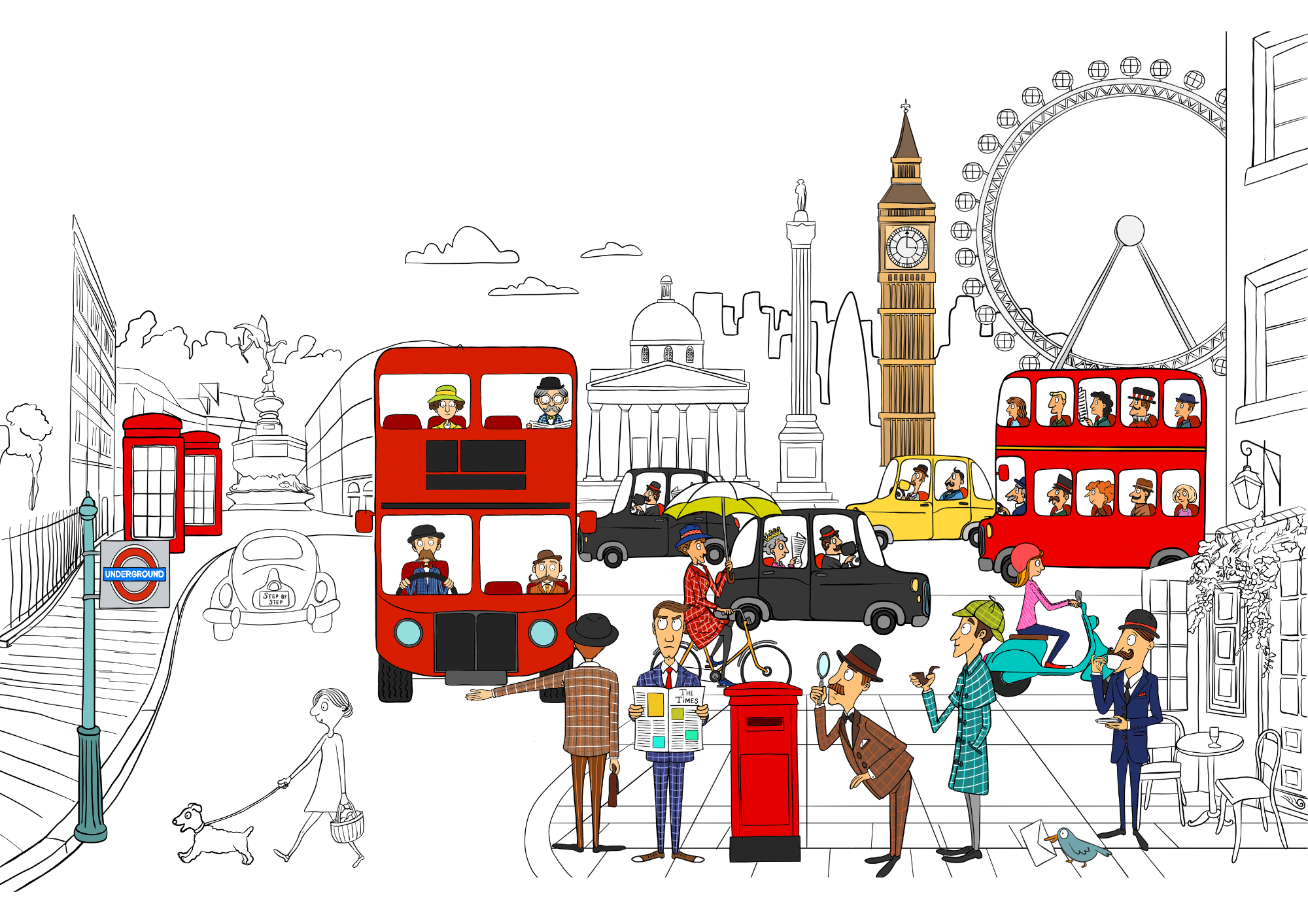 Ilustracja panoramy Londynu z czerwonym autobusem – motyw przewodni szkoły językowej Step by Step.