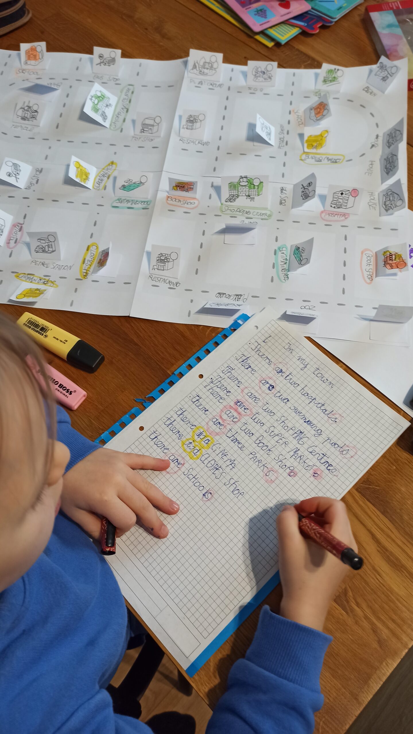 dziecko pracujące nad projektem edukacyjnym „In my town”.  Dziecko tworzy makietę miasta z papieru oraz zapisuje opis stworzonego przez siebie miejsca w języku angielskim.